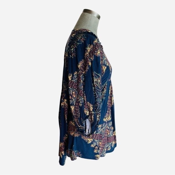 Women’s Top FREE PEOPLE Girl Talk Tunic Blue Paisley Balloon Sleeve Boho Blouse - Picture 7 of 9